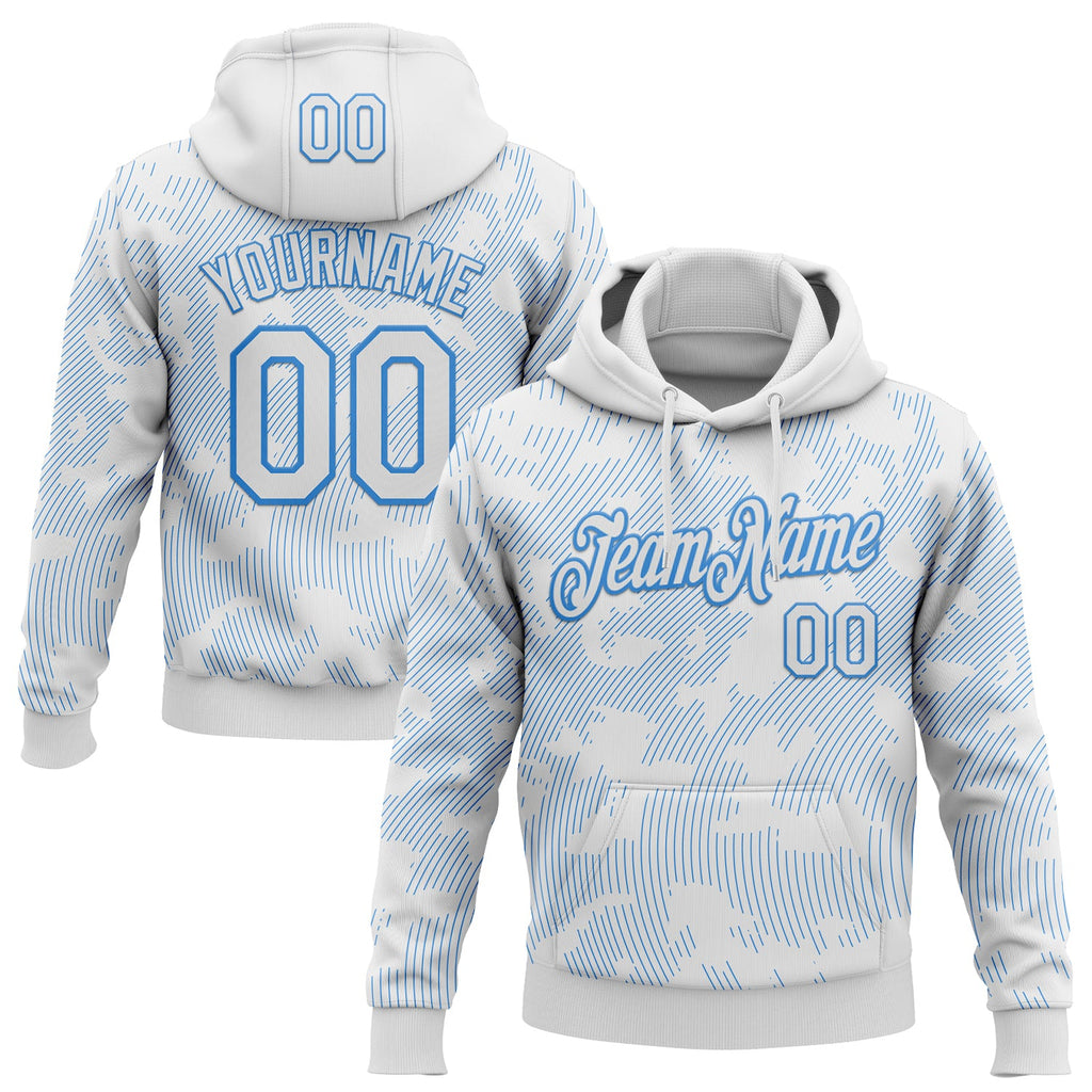 Custom Stitched White Powder Blue 3D Pattern Design Curve Lines Sports Pullover Sweatshirt Hoodie