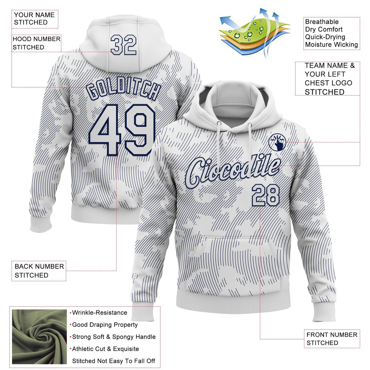 Custom Stitched White Navy 3D Pattern Design Curve Lines Sports Pullover Sweatshirt Hoodie