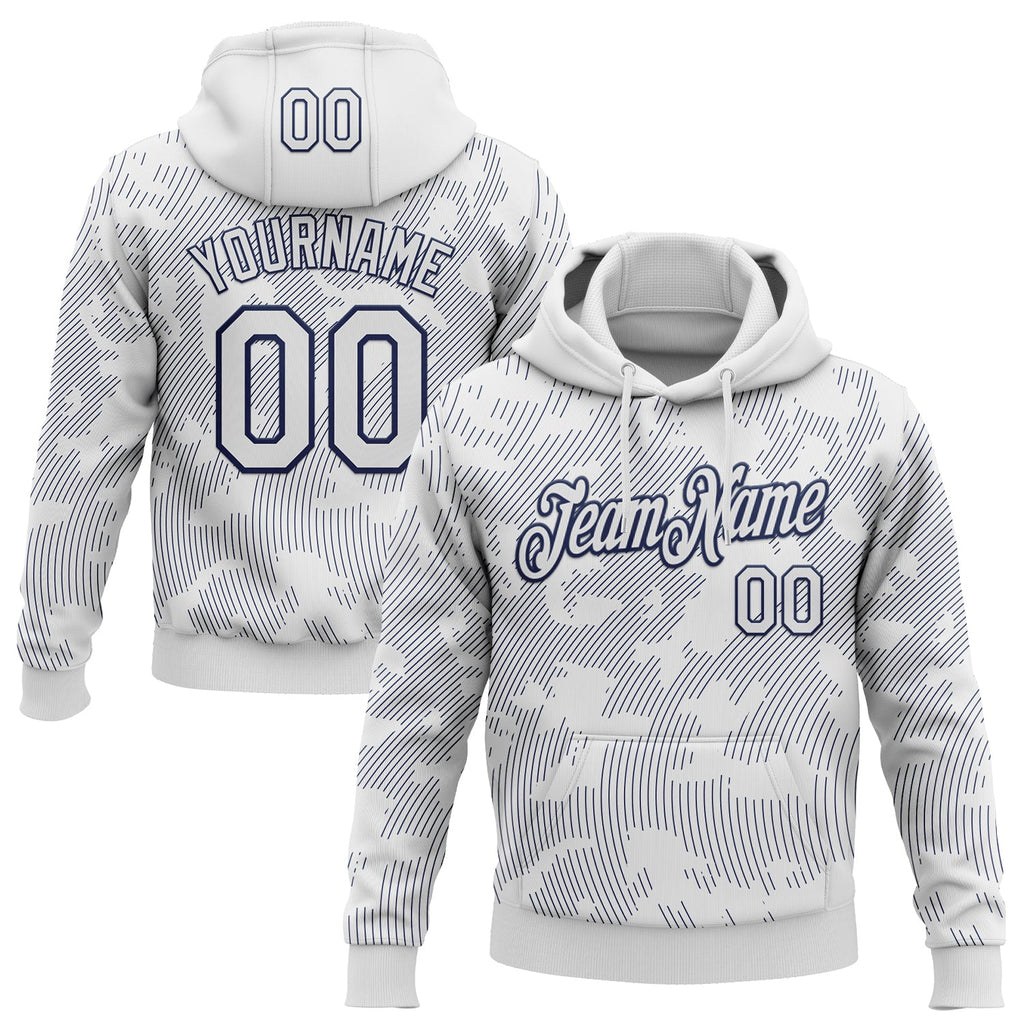 Custom Stitched White Navy 3D Pattern Design Curve Lines Sports Pullover Sweatshirt Hoodie