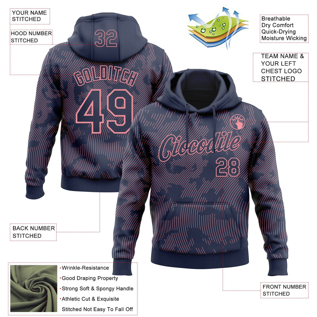Custom Stitched Navy Medium Pink 3D Pattern Design Curve Lines Sports Pullover Sweatshirt Hoodie
