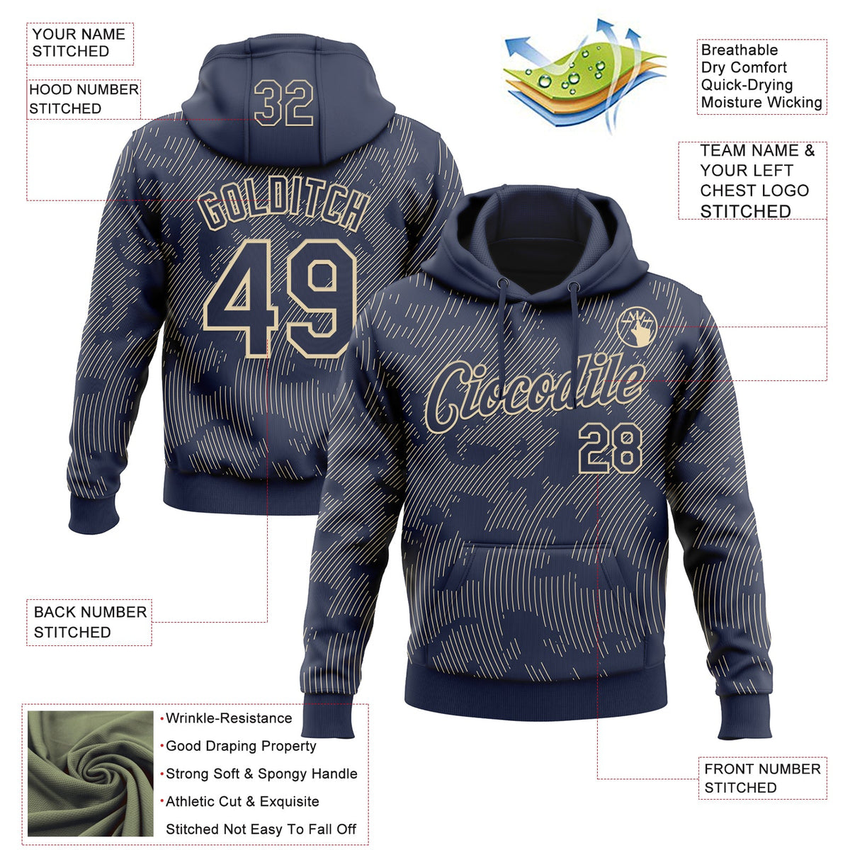 Custom Stitched Navy Cream 3D Pattern Design Curve Lines Sports Pullover Sweatshirt Hoodie