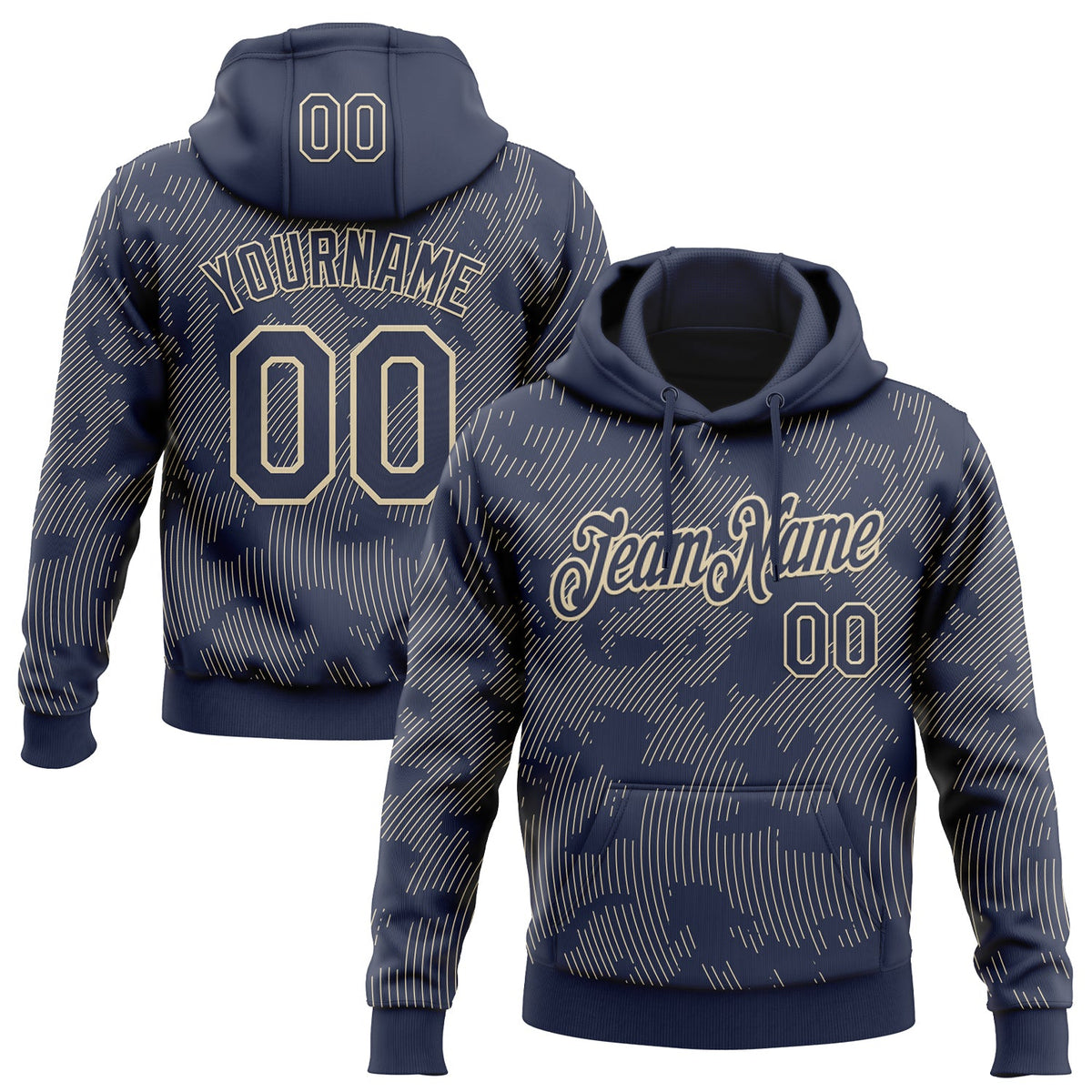 Custom Stitched Navy Cream 3D Pattern Design Curve Lines Sports Pullover Sweatshirt Hoodie