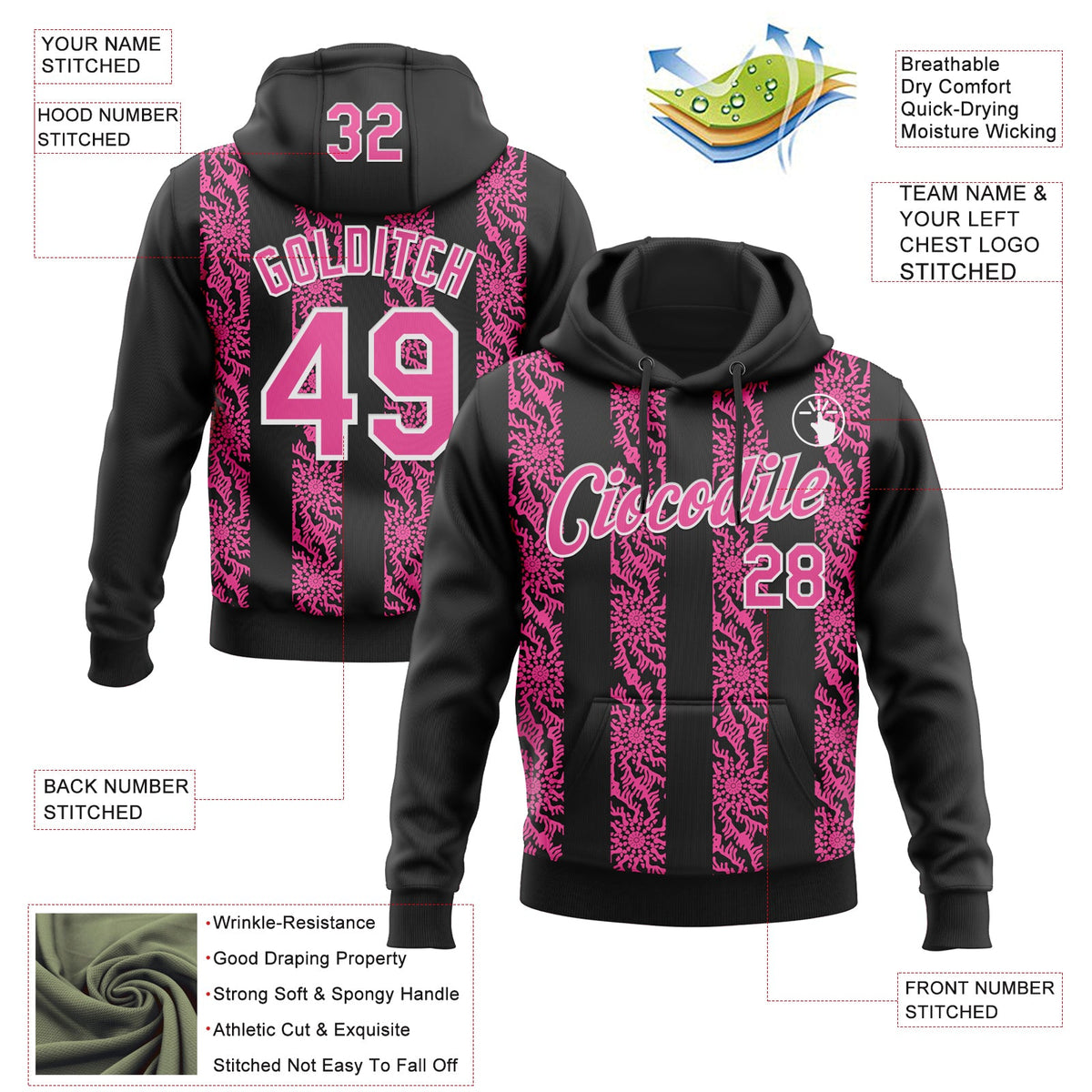 Custom Stitched Black Pink-White 3D Pattern Design Abstract Shape Sports Pullover Sweatshirt Hoodie