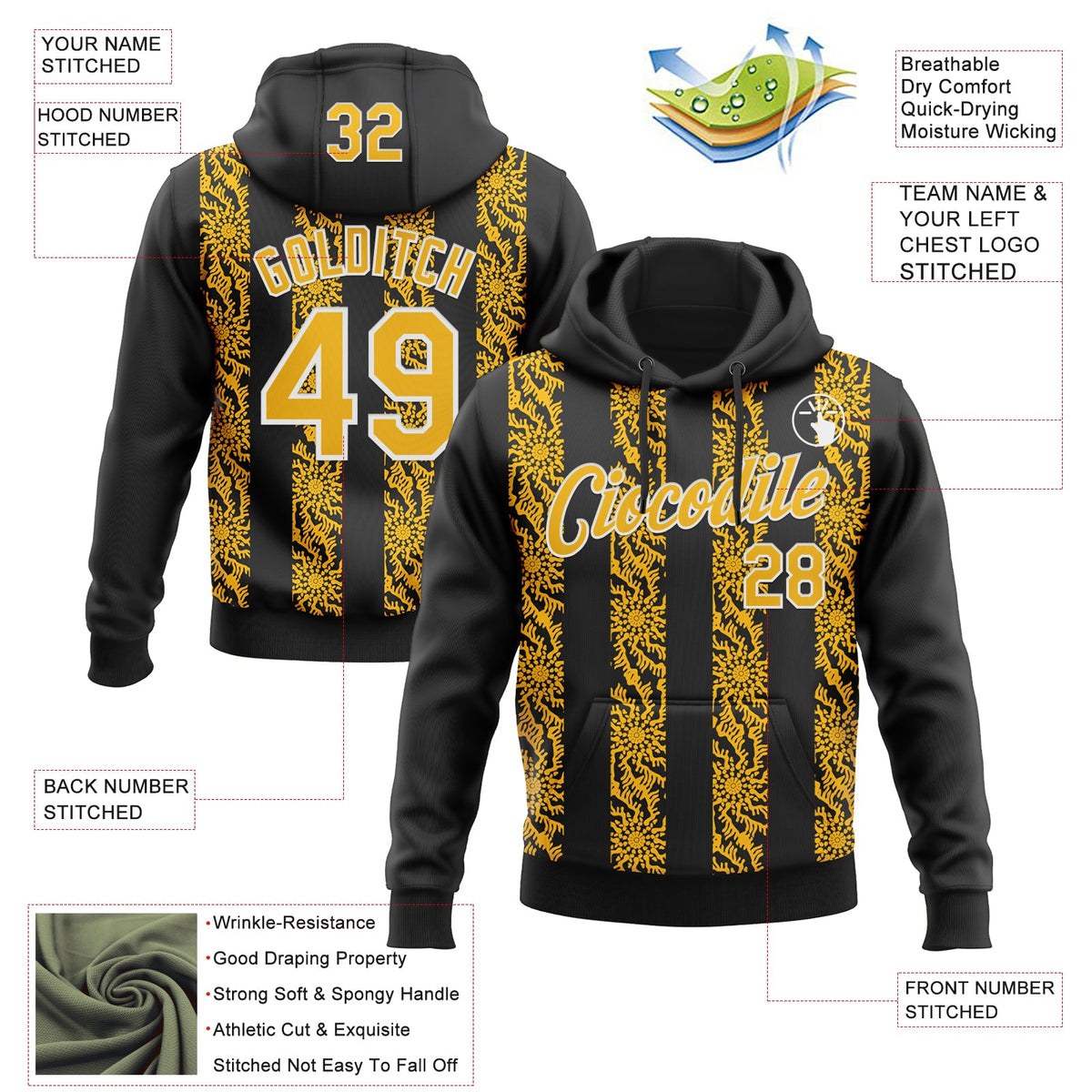 Custom Stitched Black Gold-White 3D Pattern Design Abstract Shape Sports Pullover Sweatshirt Hoodie