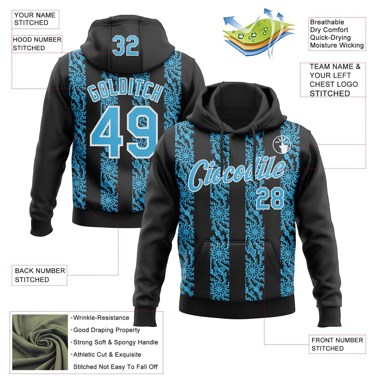 Custom Stitched Black Sky Blue-White 3D Pattern Design Abstract Shape Sports Pullover Sweatshirt Hoodie