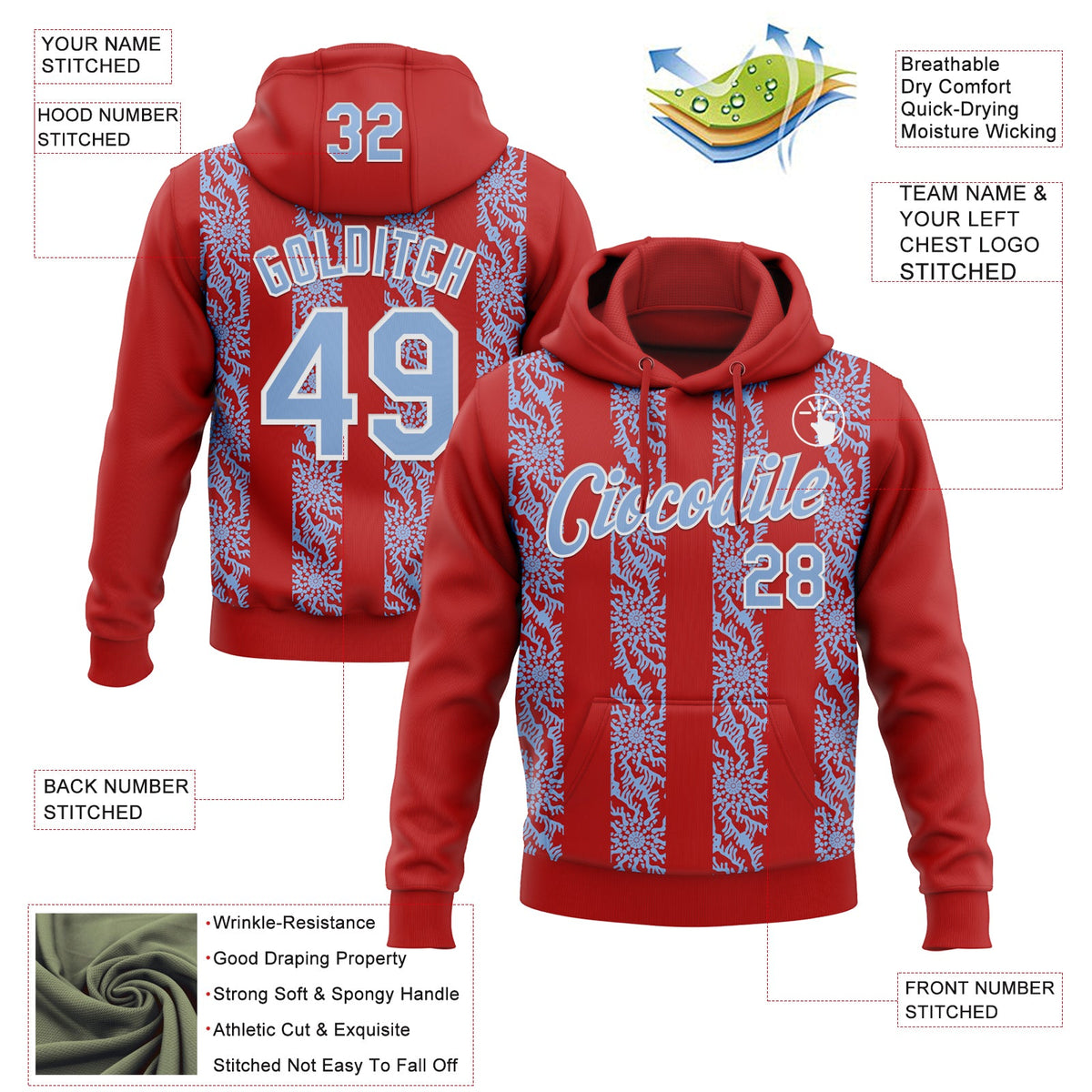 Custom Stitched Red Light Blue-White 3D Pattern Design Abstract Shape Sports Pullover Sweatshirt Hoodie