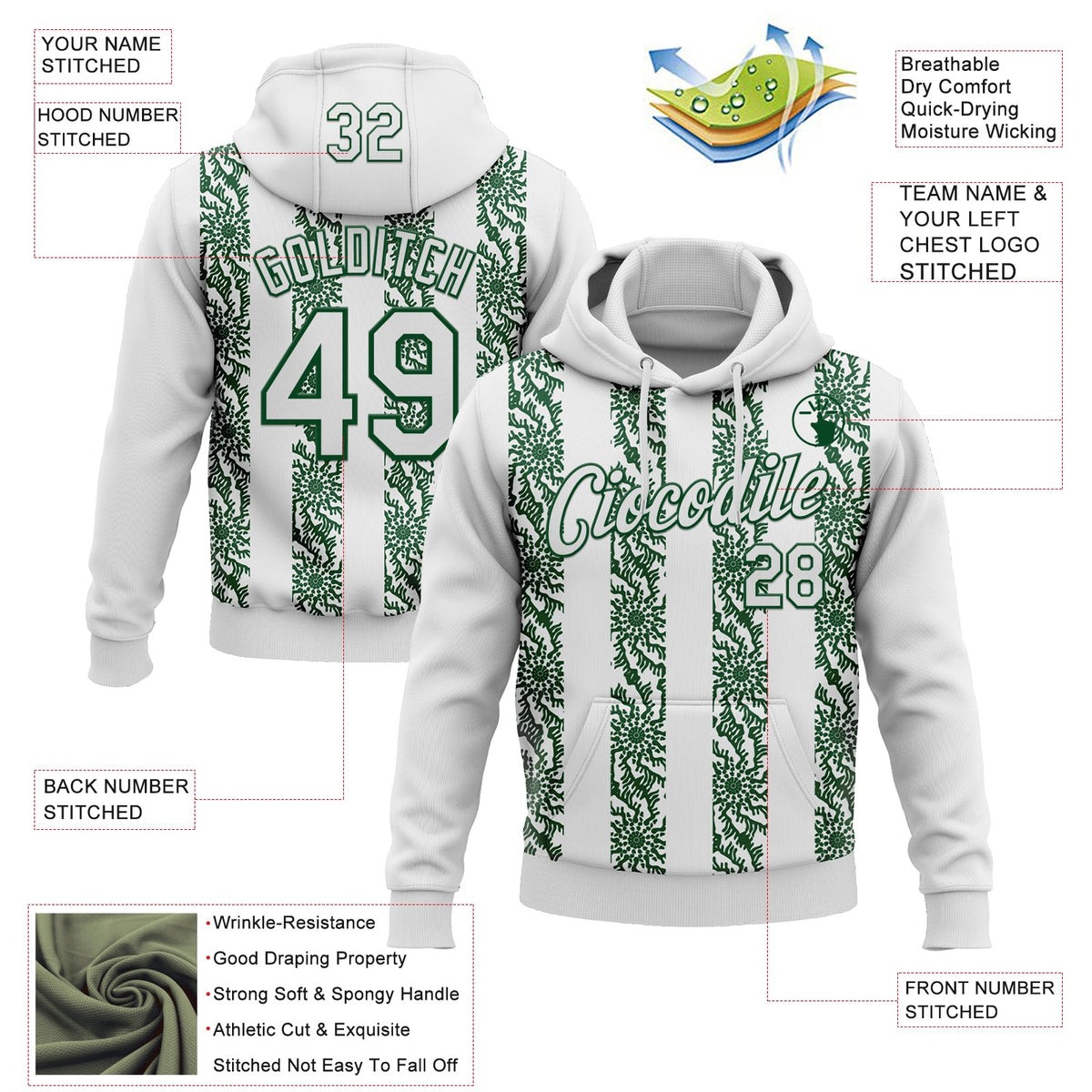 Custom Stitched White Green 3D Pattern Design Abstract Shape Sports Pullover Sweatshirt Hoodie