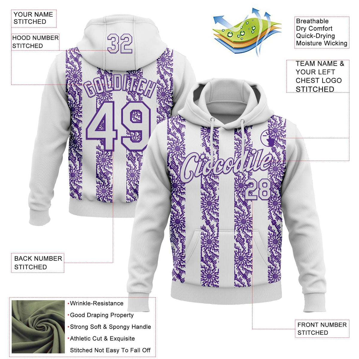 Custom Stitched White Purple 3D Pattern Design Abstract Shape Sports Pullover Sweatshirt Hoodie