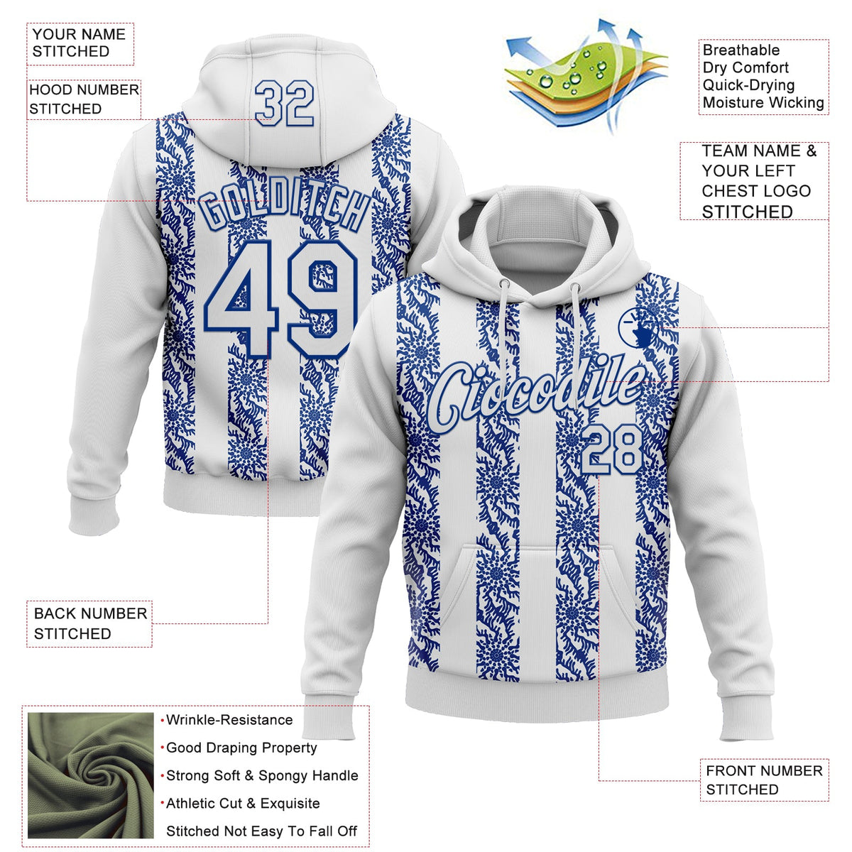Custom Stitched White Royal 3D Pattern Design Abstract Shape Sports Pullover Sweatshirt Hoodie
