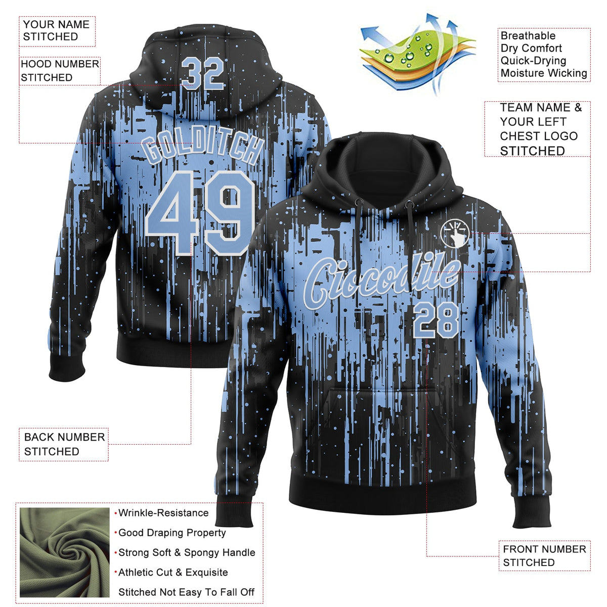 Custom Stitched Black Light Blue-White 3D Pattern Design Dripping Splatter Sports Pullover Sweatshirt Hoodie