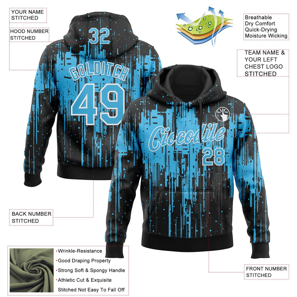 Custom Stitched Black Sky Blue-White 3D Pattern Design Dripping Splatter Sports Pullover Sweatshirt Hoodie