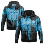 Custom Stitched Black Sky Blue-White 3D Pattern Design Dripping Splatter Sports Pullover Sweatshirt Hoodie