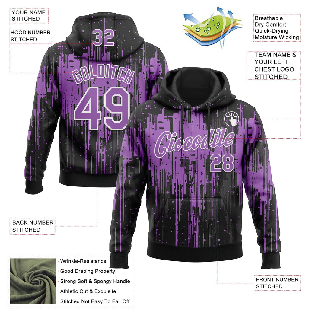 Custom Stitched Black Medium Purple-White 3D Pattern Design Dripping Splatter Sports Pullover Sweatshirt Hoodie