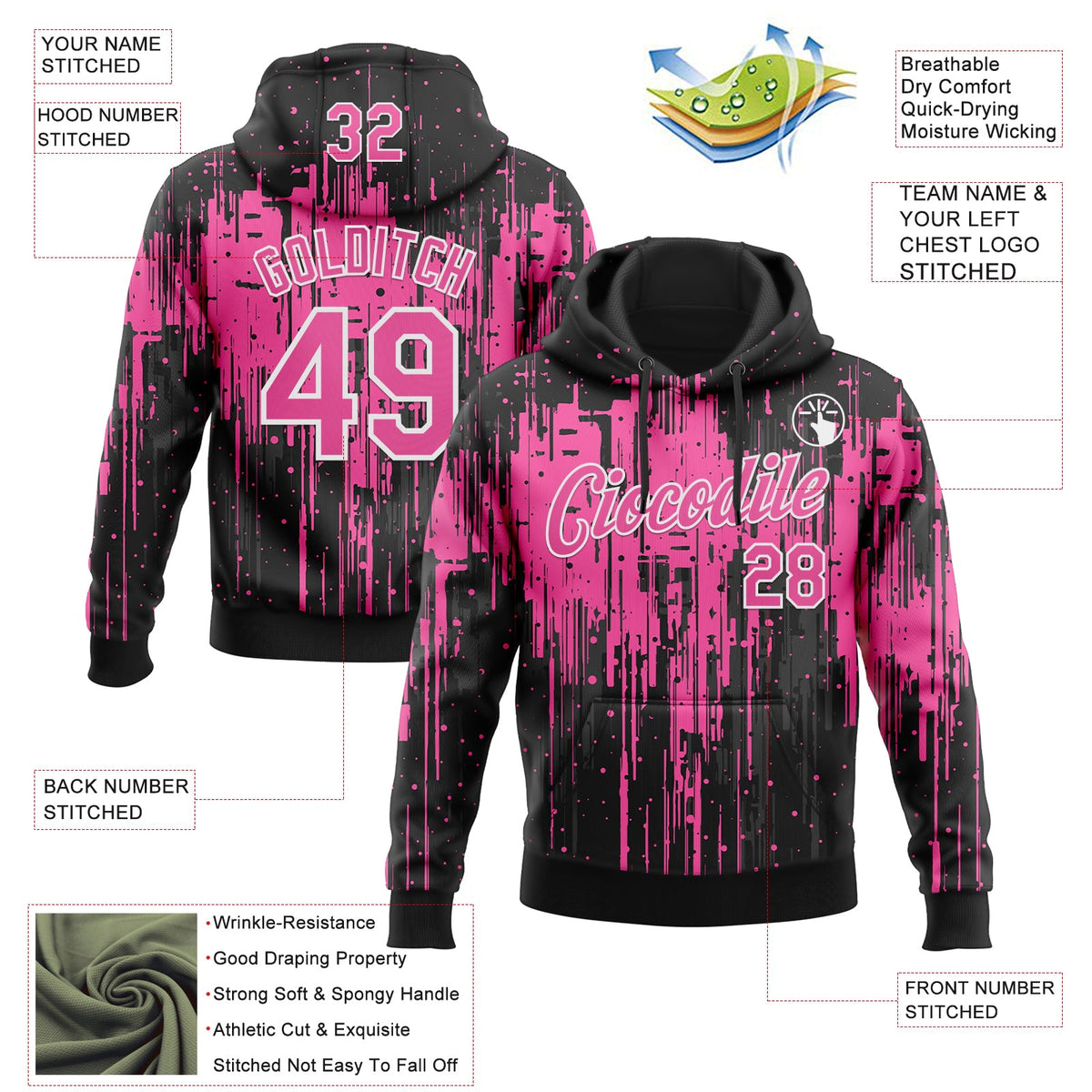 Custom Stitched Black Pink-White 3D Pattern Design Dripping Splatter Sports Pullover Sweatshirt Hoodie