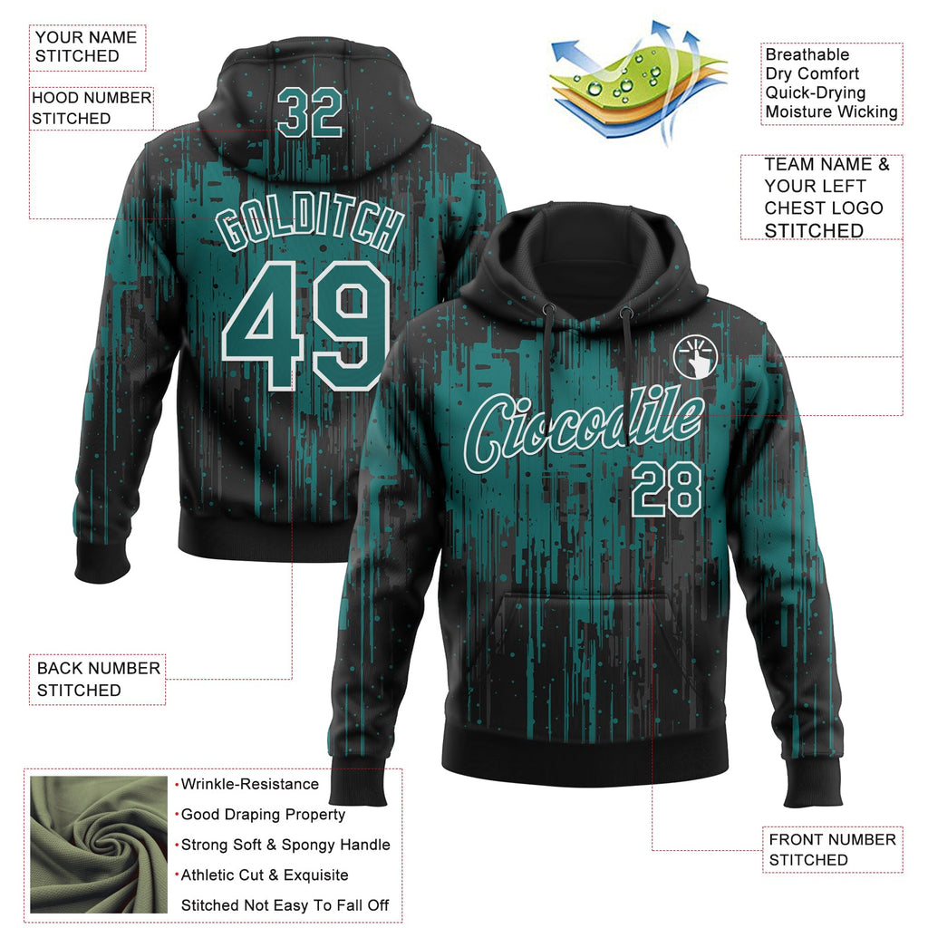 Custom Stitched Black Teal-White 3D Pattern Design Dripping Splatter Sports Pullover Sweatshirt Hoodie