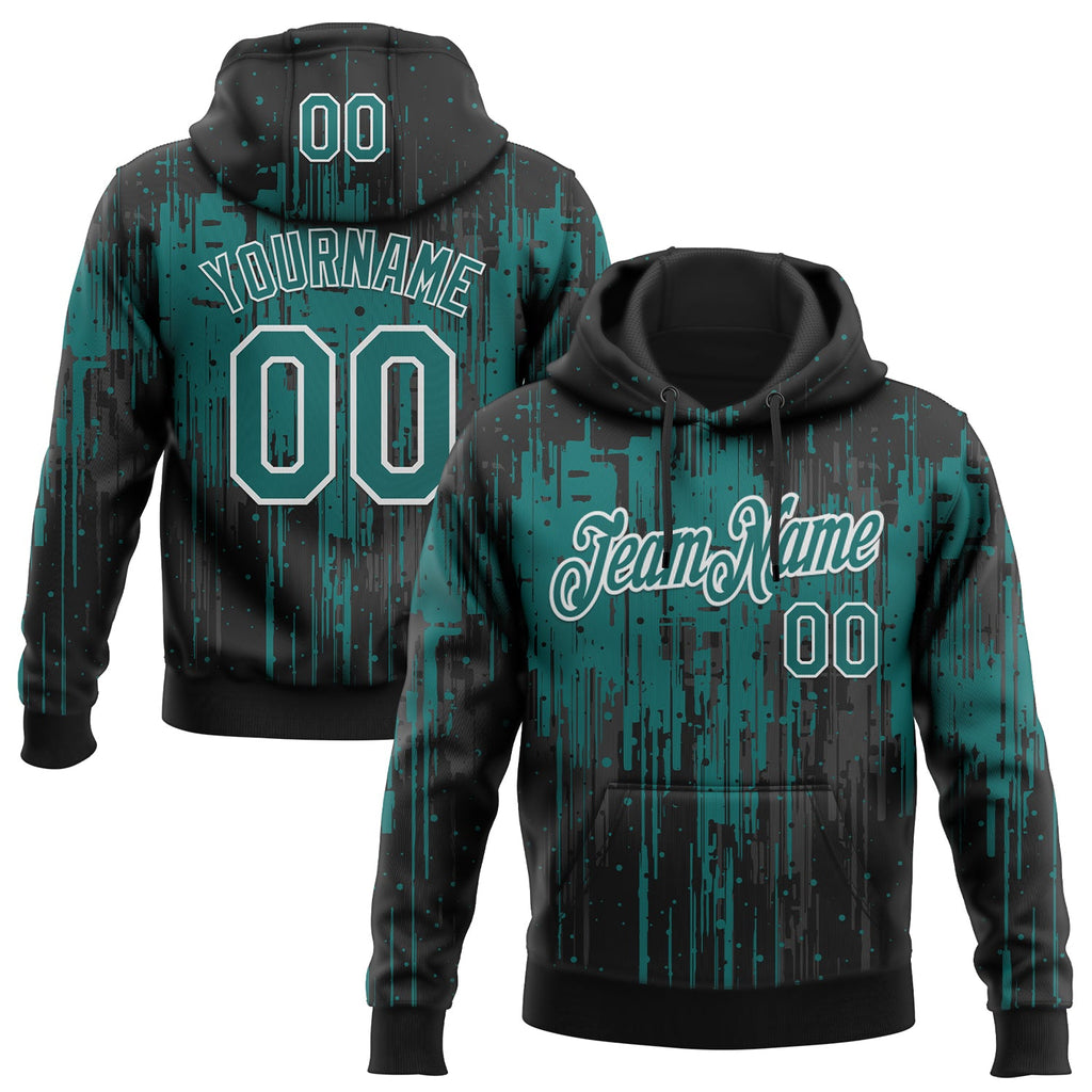 Custom Stitched Black Teal-White 3D Pattern Design Dripping Splatter Sports Pullover Sweatshirt Hoodie