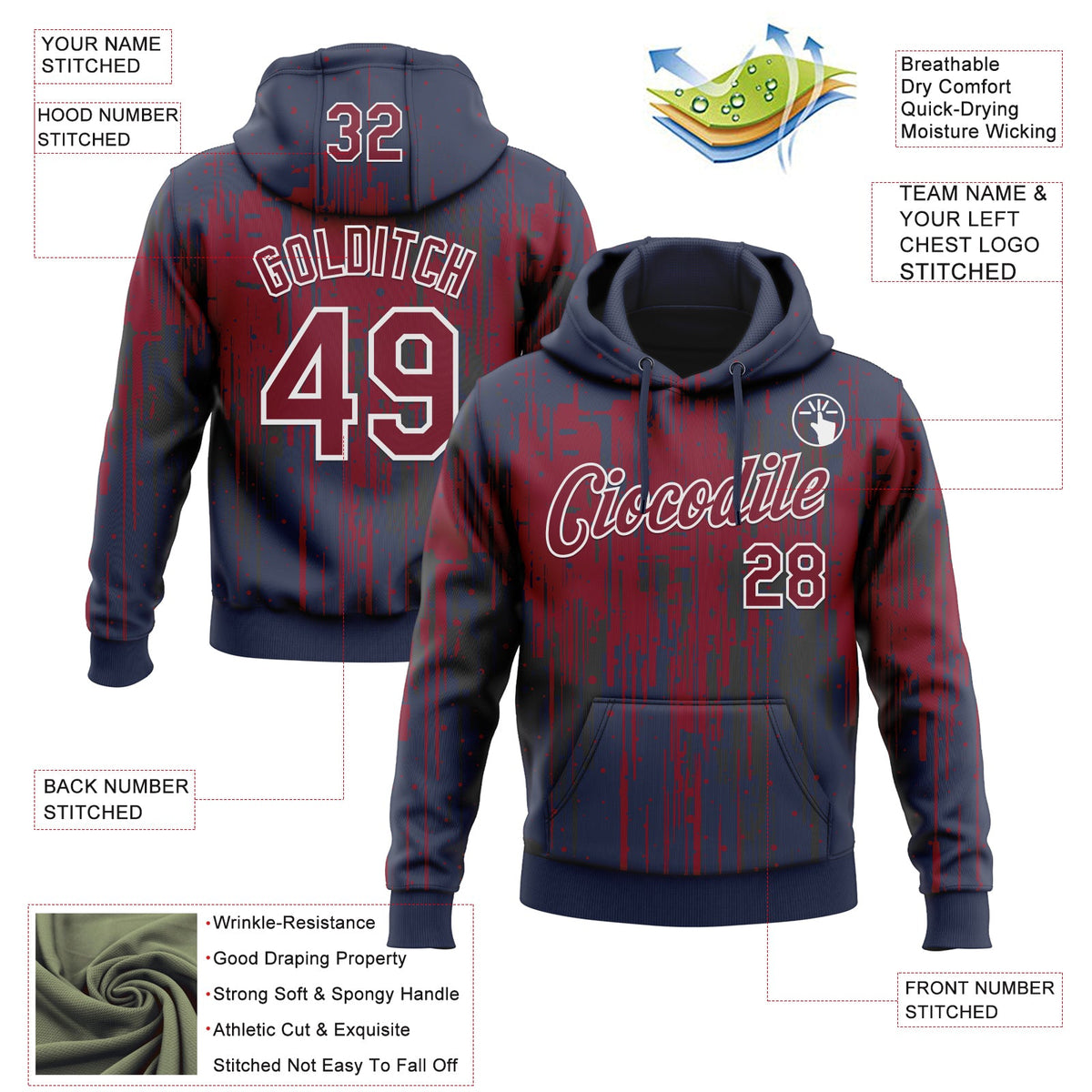 Custom Stitched Navy Crimson-White 3D Pattern Design Dripping Splatter Sports Pullover Sweatshirt Hoodie
