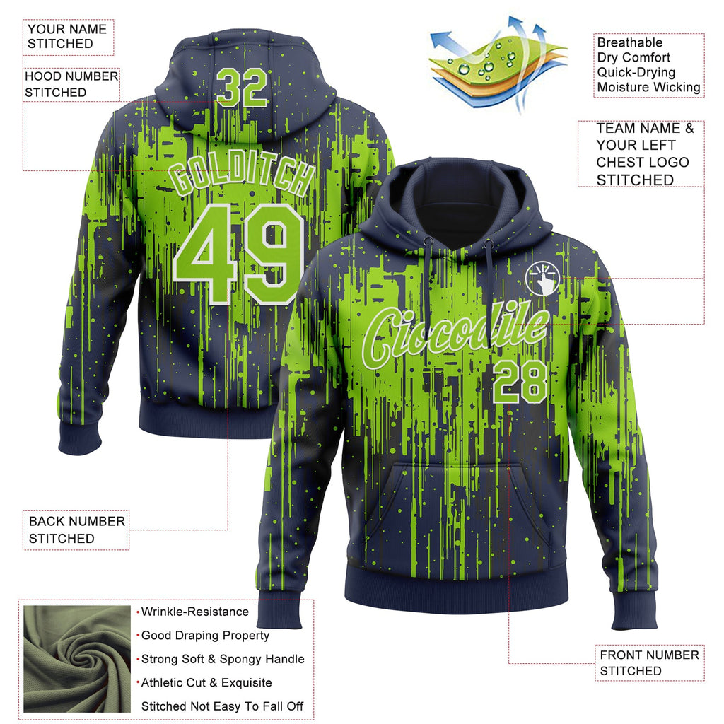 Custom Stitched Navy Neon Green-White 3D Pattern Design Dripping Splatter Sports Pullover Sweatshirt Hoodie