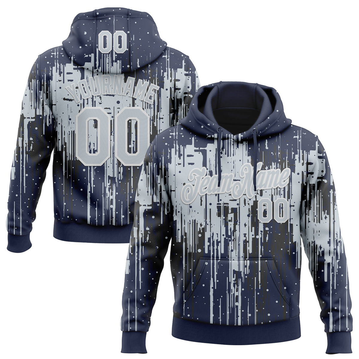 Custom Stitched Navy Silver-White 3D Pattern Design Dripping Splatter Sports Pullover Sweatshirt Hoodie