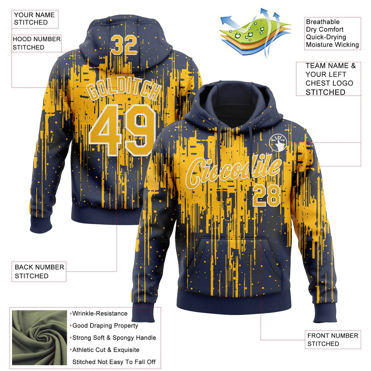 Custom Stitched Navy Gold-White 3D Pattern Design Dripping Splatter Sports Pullover Sweatshirt Hoodie