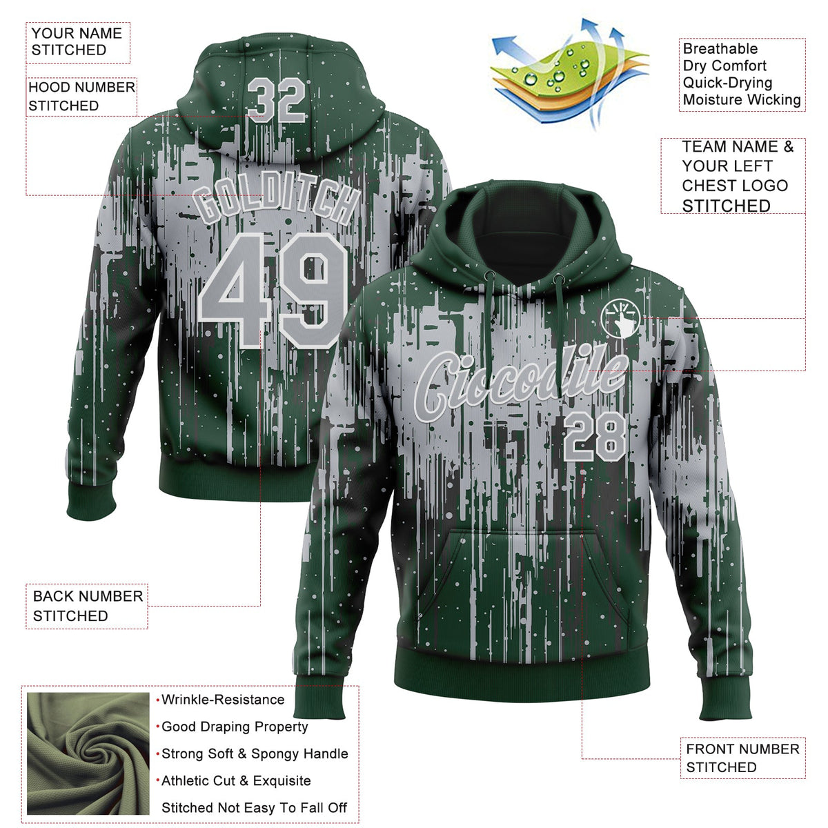 Custom Stitched Green Gray-White 3D Pattern Design Dripping Splatter Sports Pullover Sweatshirt Hoodie