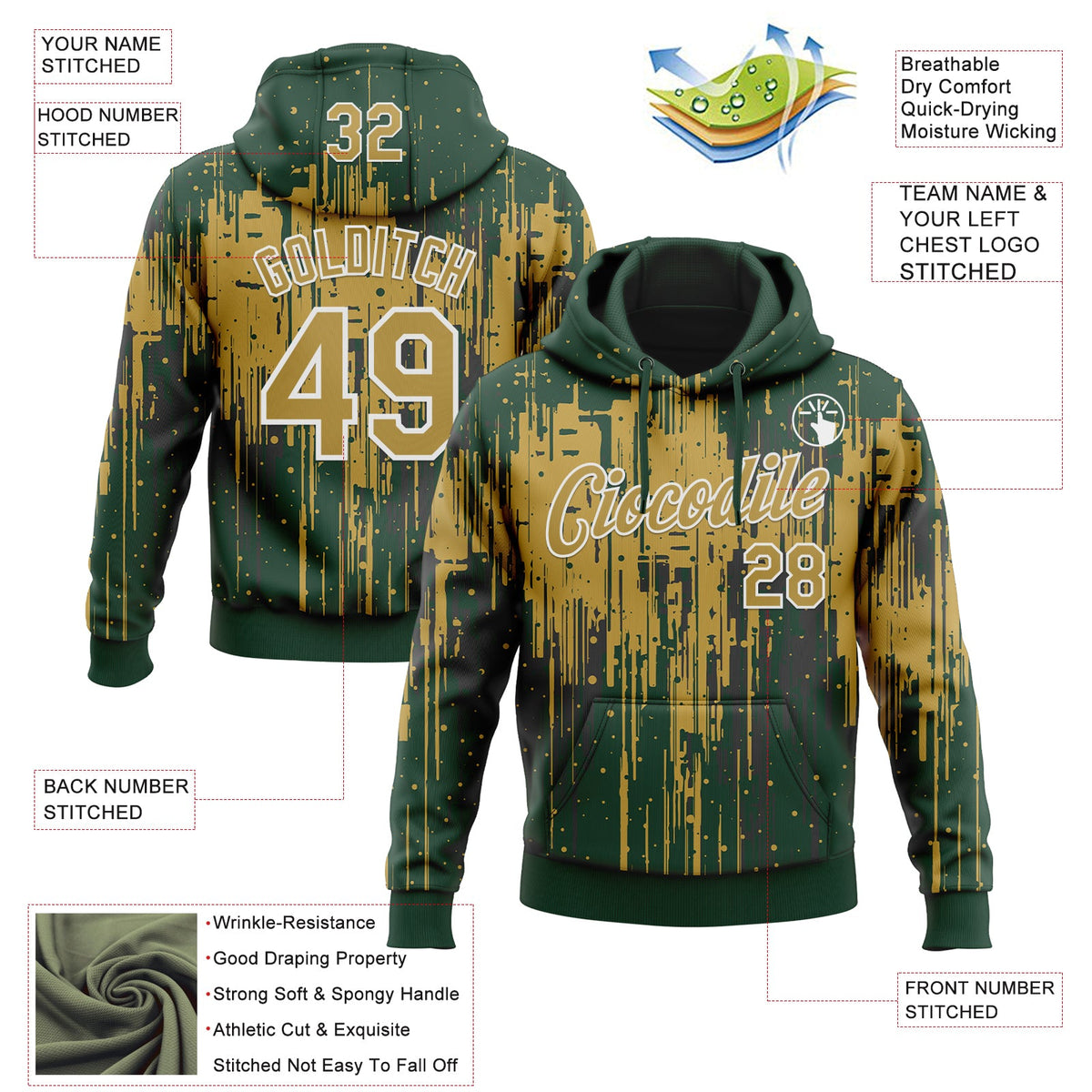 Custom Stitched Green Old Gold-White 3D Pattern Design Dripping Splatter Sports Pullover Sweatshirt Hoodie