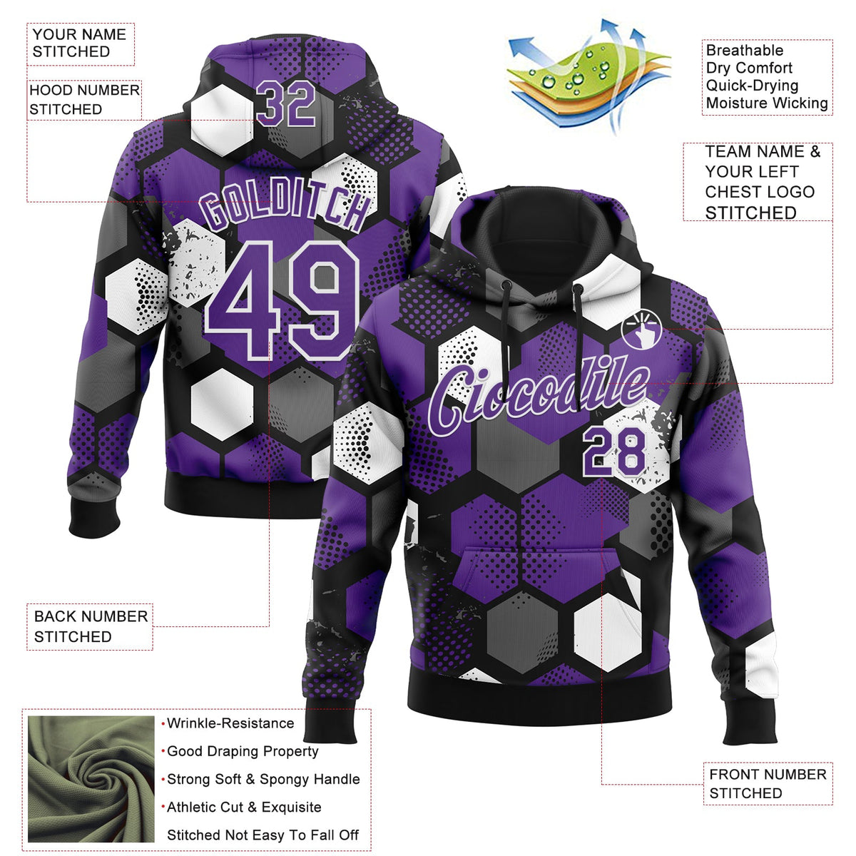 Custom Stitched Black Purple-White 3D Pattern Design Geometric Shape Sports Pullover Sweatshirt Hoodie