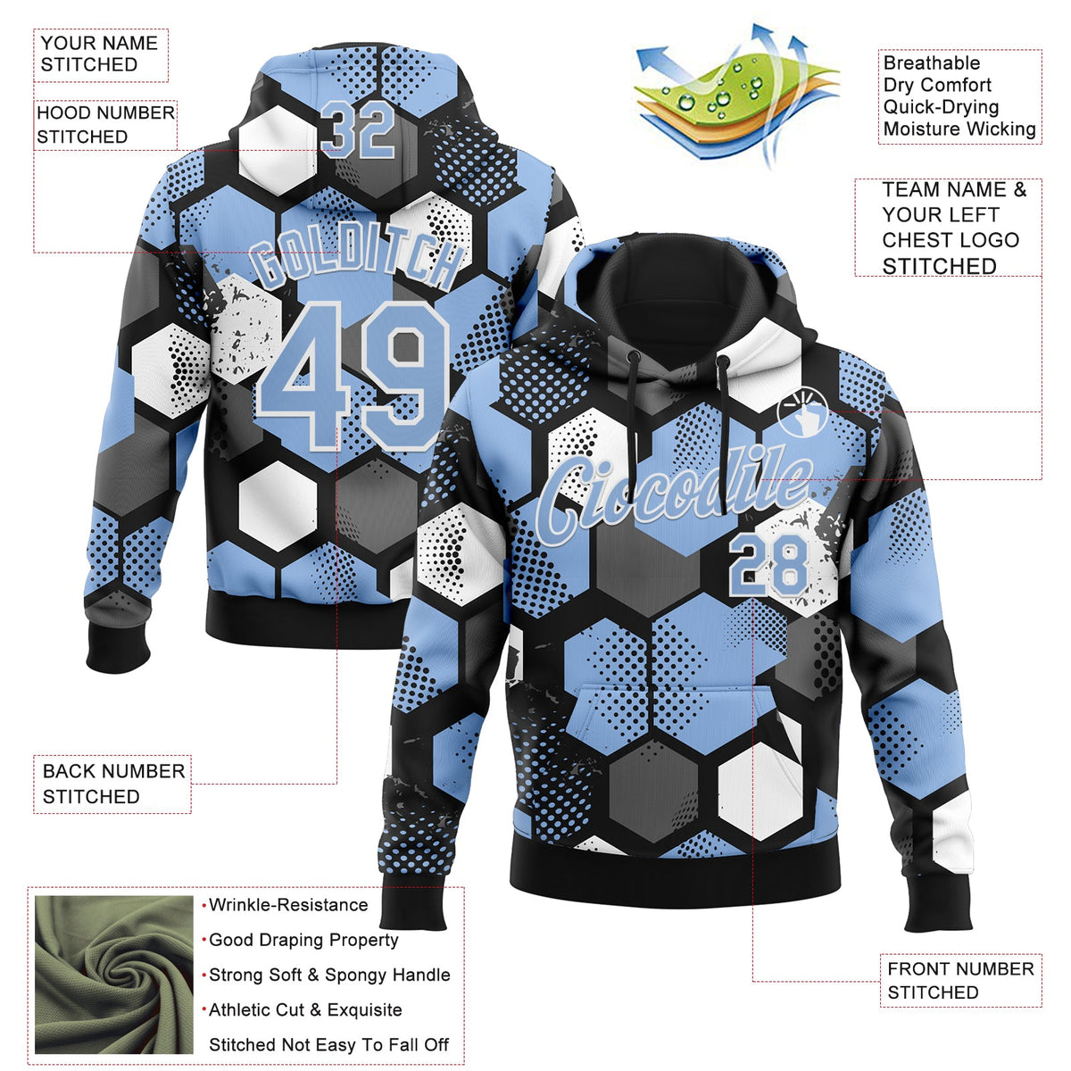 Custom Stitched Black Light Blue-White 3D Pattern Design Geometric Shape Sports Pullover Sweatshirt Hoodie