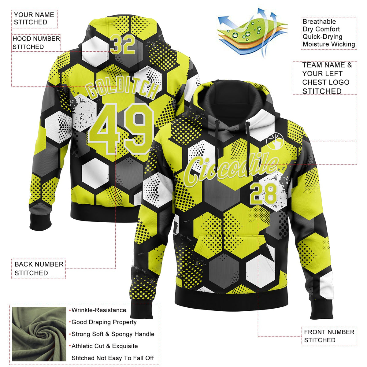 Custom Stitched Black Neon Yellow-White 3D Pattern Design Geometric Shape Sports Pullover Sweatshirt Hoodie