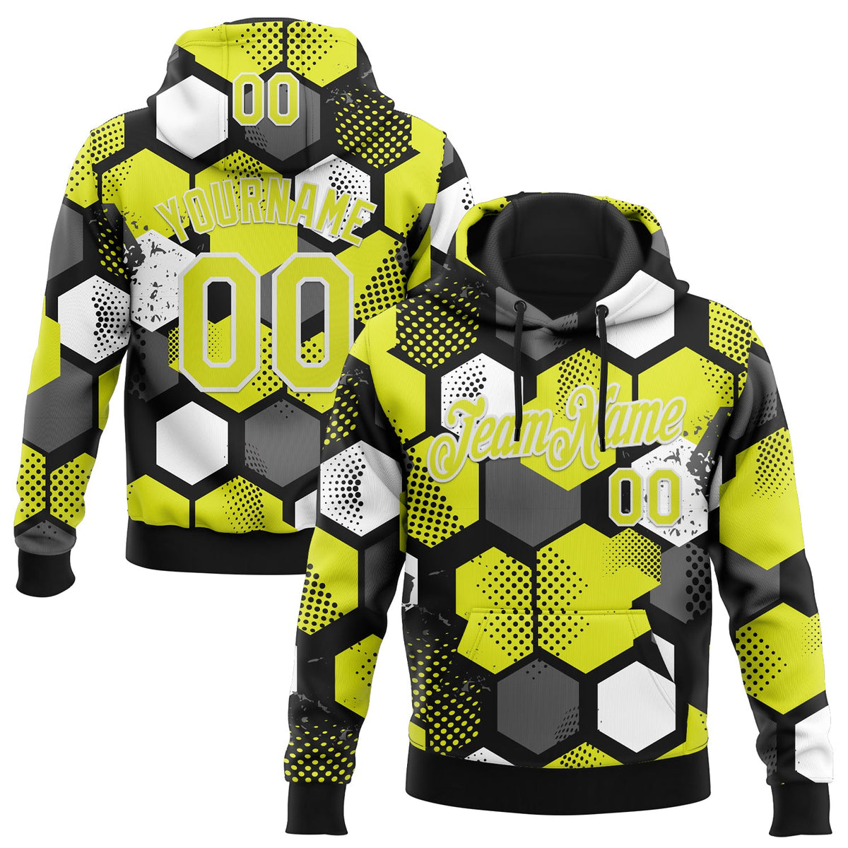 Custom Stitched Black Neon Yellow-White 3D Pattern Design Geometric Shape Sports Pullover Sweatshirt Hoodie