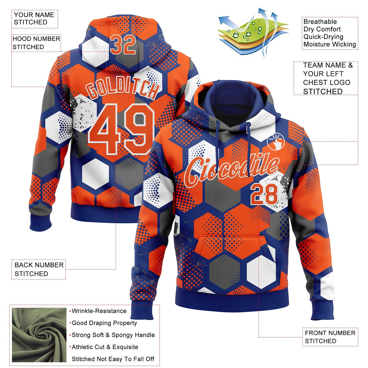 Custom Stitched Royal Orange-White 3D Pattern Design Geometric Shape Sports Pullover Sweatshirt Hoodie