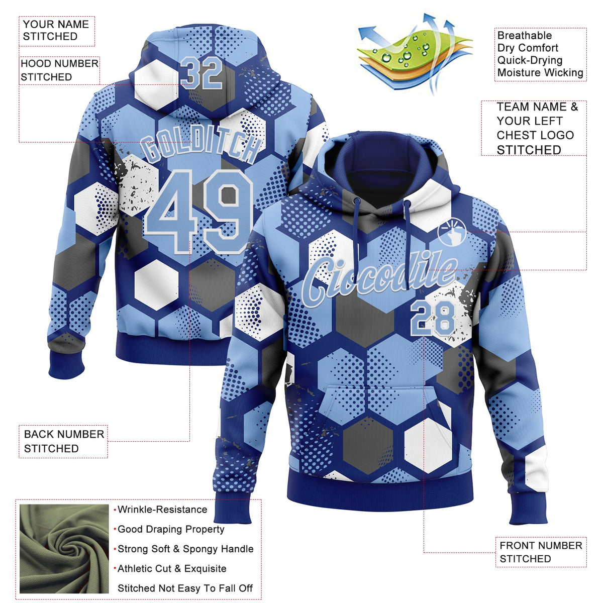 Custom Stitched Royal Light Blue-White 3D Pattern Design Geometric Shape Sports Pullover Sweatshirt Hoodie