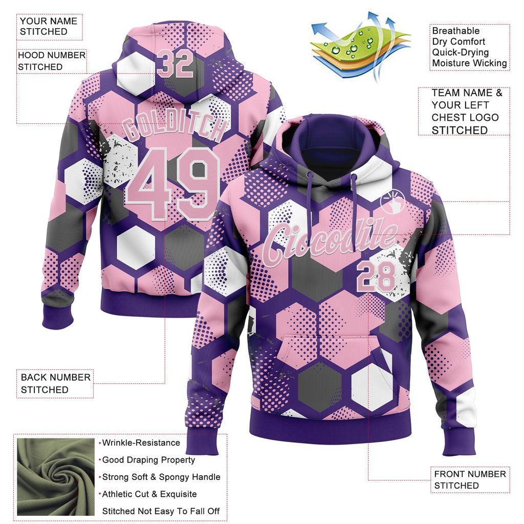 Custom Stitched Purple Light Pink-White 3D Pattern Design Geometric Shape Sports Pullover Sweatshirt Hoodie