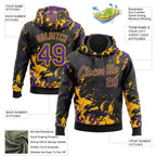 Custom Stitched Black Purple-Gold 3D Pattern Design Splash Sports Pullover Sweatshirt Hoodie