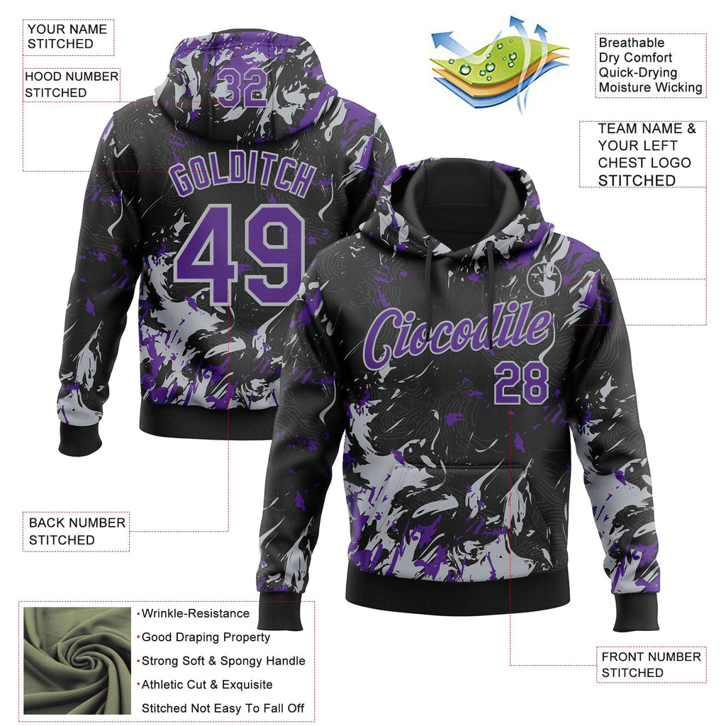 Custom Stitched Black Purple-Gray 3D Pattern Design Splash Sports Pullover Sweatshirt Hoodie
