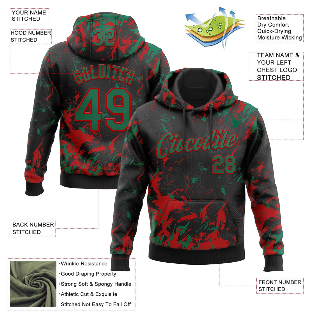 Custom Stitched Black Kelly Green-Red 3D Pattern Design Splash Sports Pullover Sweatshirt Hoodie
