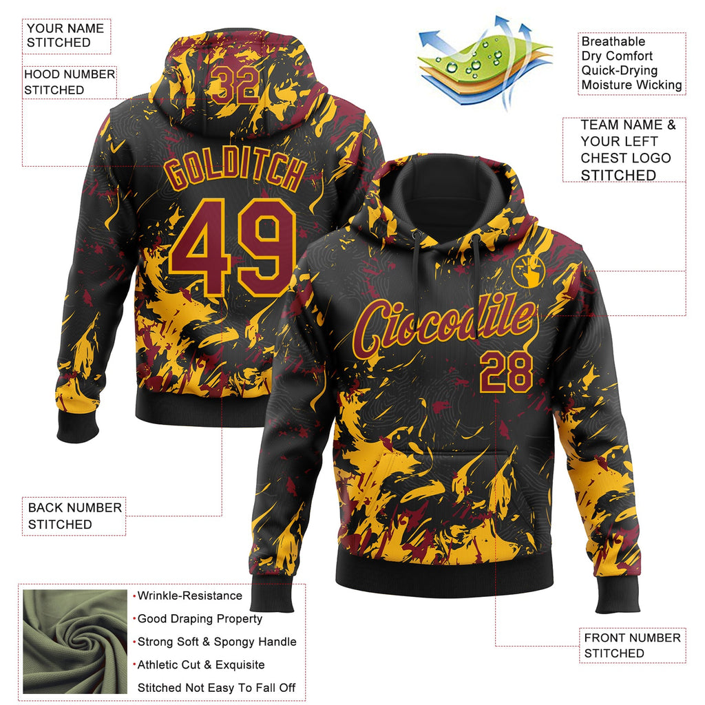 Custom Stitched Black Crimson-Gold 3D Pattern Design Splash Sports Pullover Sweatshirt Hoodie