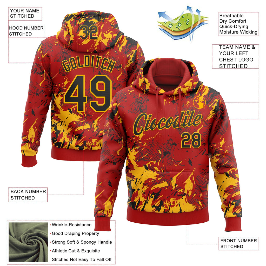 Custom Stitched Red Black-Gold 3D Pattern Design Splash Sports Pullover Sweatshirt Hoodie