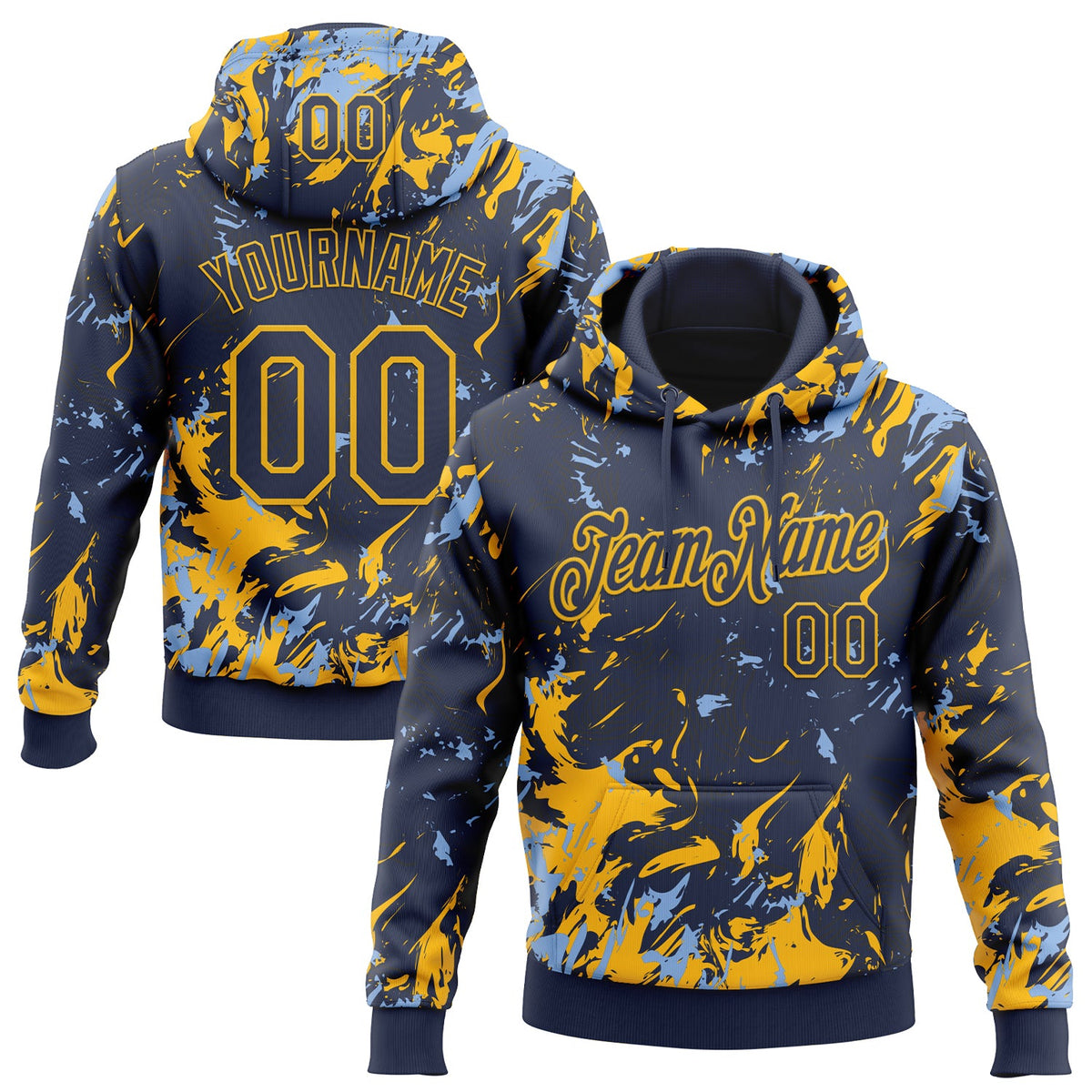 Custom Stitched Navy Gold-Light Blue 3D Pattern Design Splash Sports Pullover Sweatshirt Hoodie
