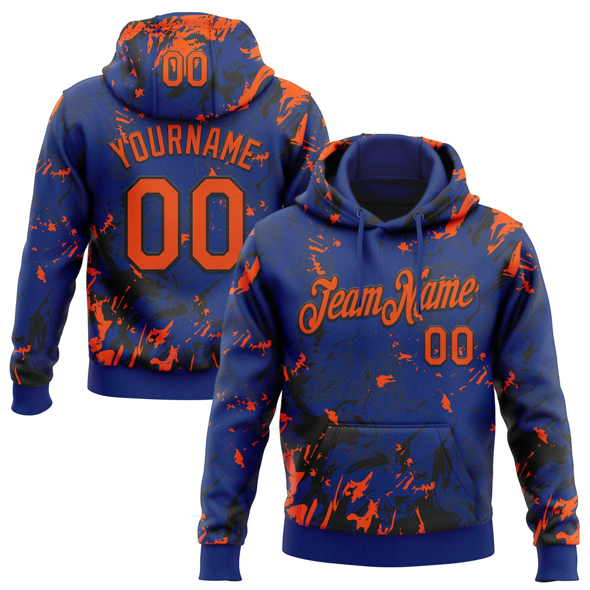 Custom Stitched Royal Orange-Black 3D Pattern Design Splash Sports Pullover Sweatshirt Hoodie