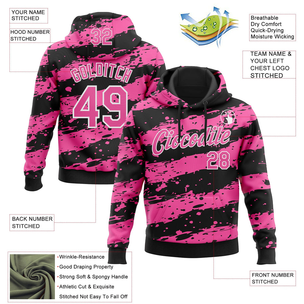 Custom Stitched Black Pink-White 3D Pattern Design Splash Torn Paper Style Sports Pullover Sweatshirt Hoodie