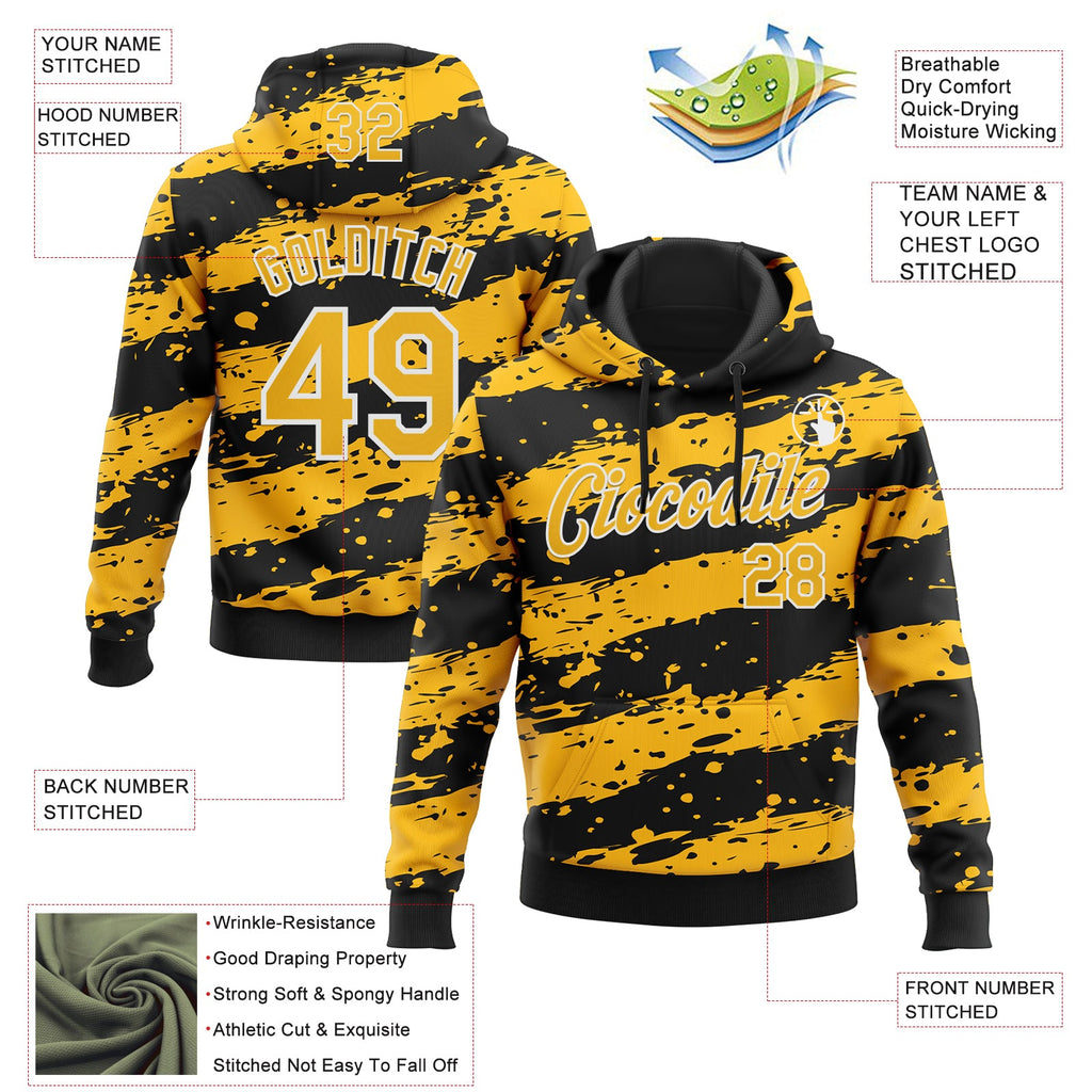 Custom Stitched Black Gold-White 3D Pattern Design Splash Torn Paper Style Sports Pullover Sweatshirt Hoodie