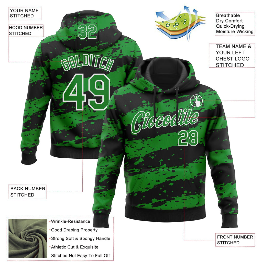 Custom Stitched Black Grass Green-White 3D Pattern Design Splash Torn Paper Style Sports Pullover Sweatshirt Hoodie