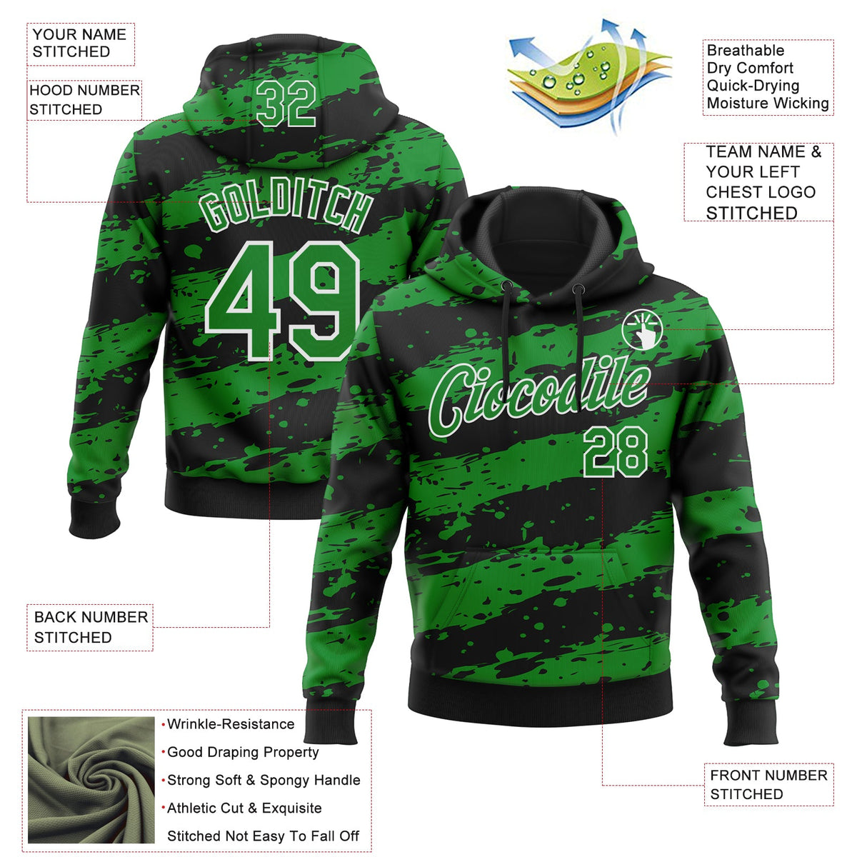 Custom Stitched Black Grass Green-White 3D Pattern Design Splash Torn Paper Style Sports Pullover Sweatshirt Hoodie