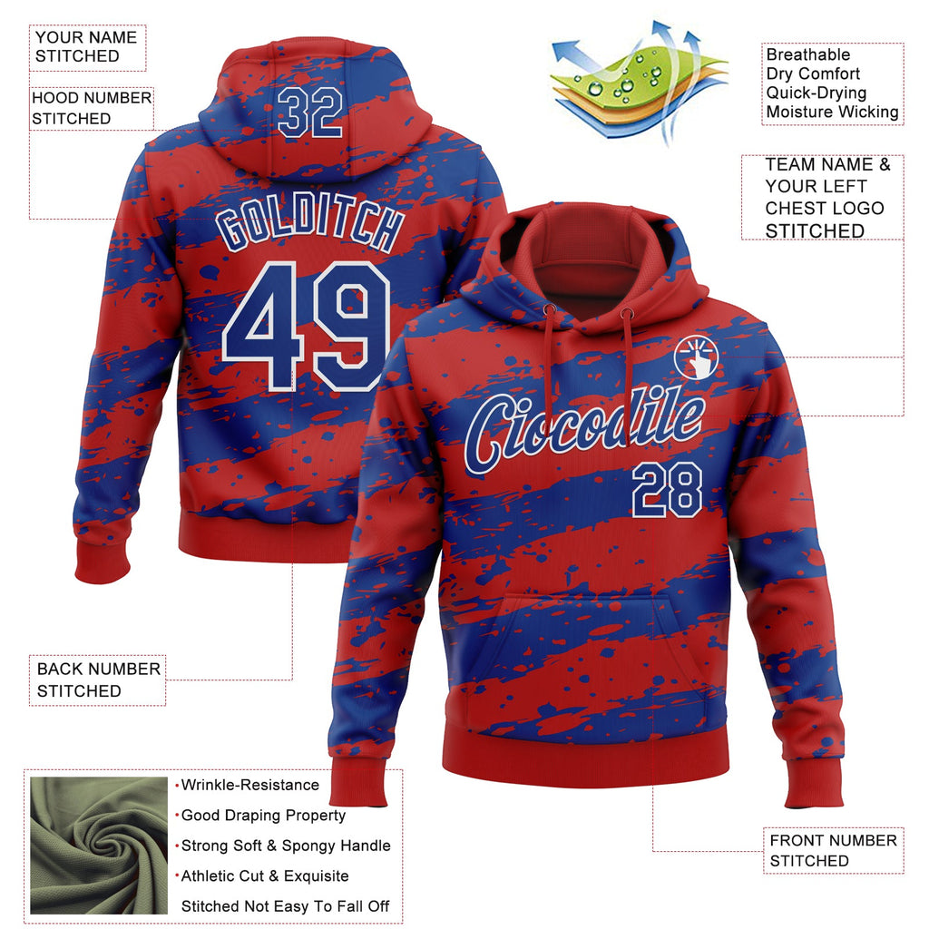 Custom Stitched Red Royal-White 3D Pattern Design Splash Torn Paper Style Sports Pullover Sweatshirt Hoodie