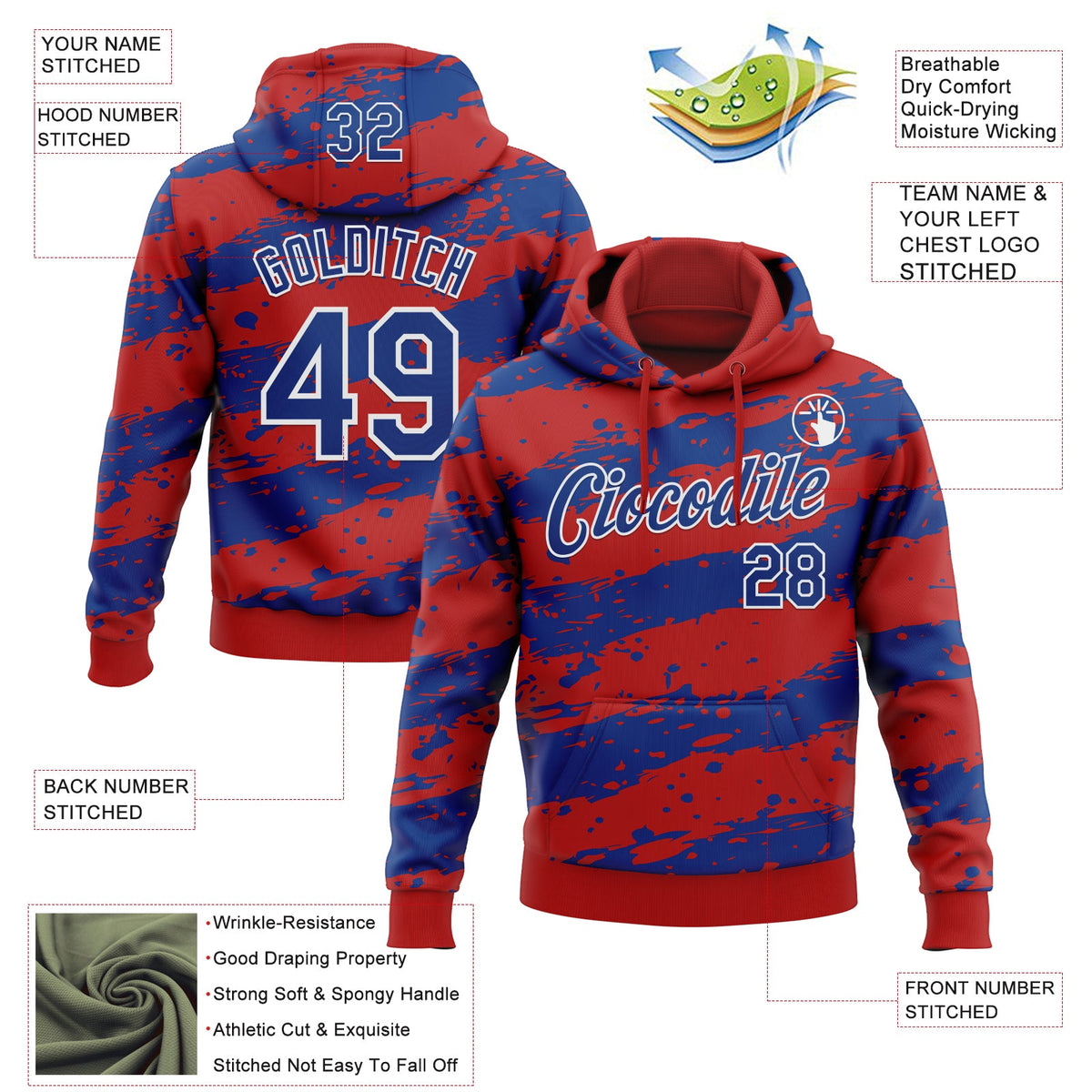 Custom Stitched Red Royal-White 3D Pattern Design Splash Torn Paper Style Sports Pullover Sweatshirt Hoodie