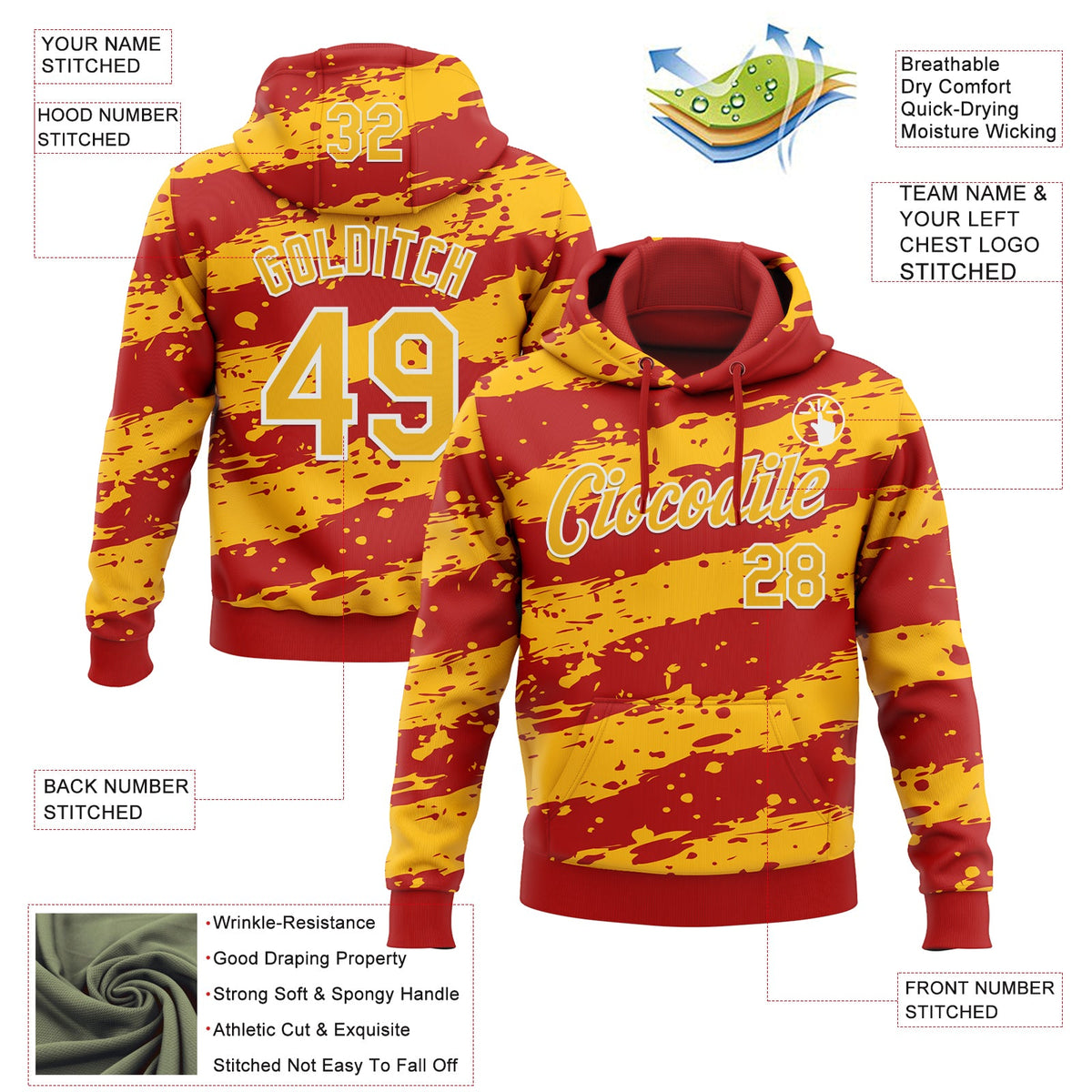 Custom Stitched Red Gold-White 3D Pattern Design Splash Torn Paper Style Sports Pullover Sweatshirt Hoodie