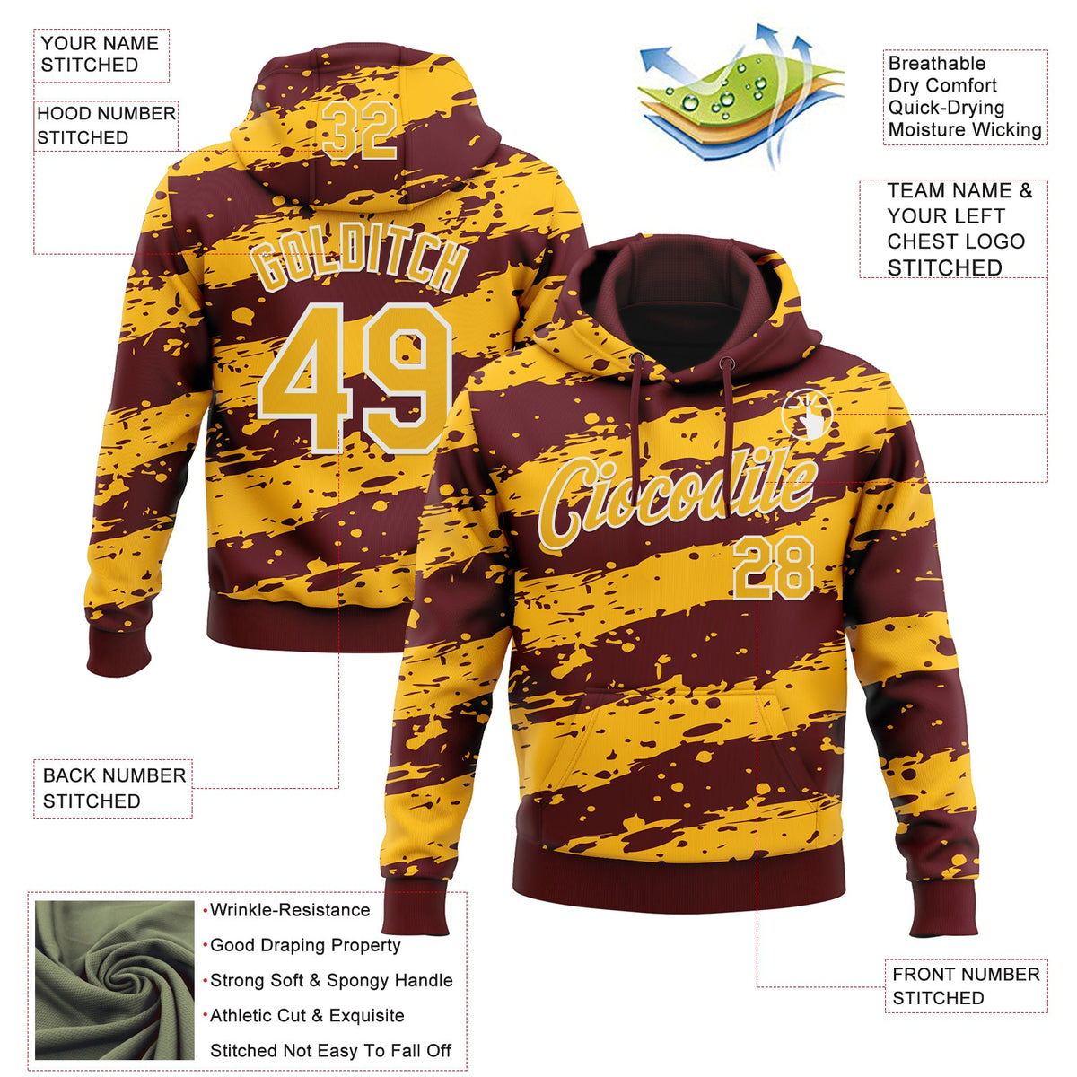 Custom Stitched Burgundy Gold-White 3D Pattern Design Splash Torn Paper Style Sports Pullover Sweatshirt Hoodie