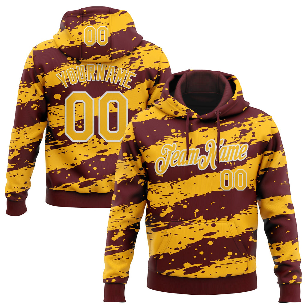 Custom Stitched Burgundy Gold-White 3D Pattern Design Splash Torn Paper Style Sports Pullover Sweatshirt Hoodie