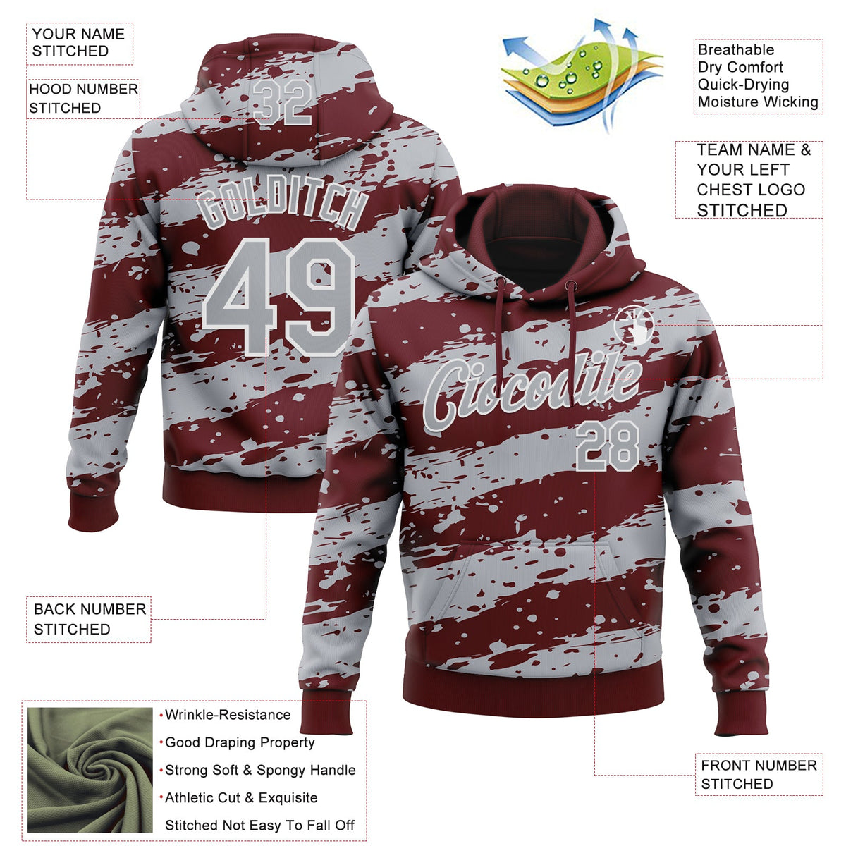 Custom Stitched Burgundy Gray-White 3D Pattern Design Splash Torn Paper Style Sports Pullover Sweatshirt Hoodie
